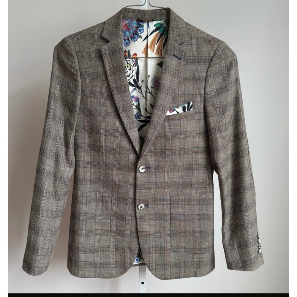 Paisley & Gray 36R Brown Plaid Blazer Floral Lining Wool Blend Sport Coat